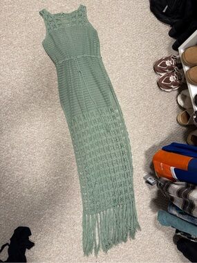 Lulu's Sage Green Crochet Maxi Swim Coverup with Fringe